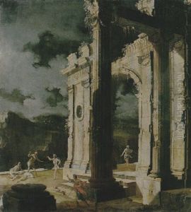 An Architectural Capriccio With Figures Amongst Ruins, Under A Stormy Night Sky