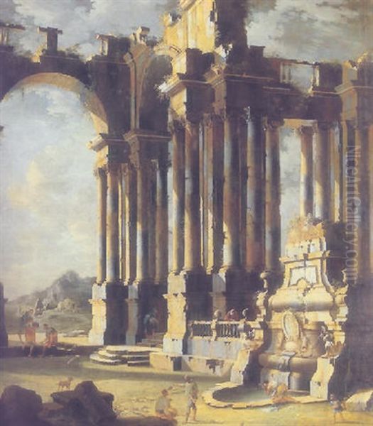 Classical Ruins With Figures Near A Fountain - view 1