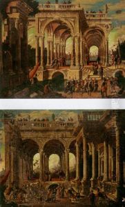 A Capriccio View Of Palladian Ruins With Numerous Figures And Roman Soldiers In The Foreground by Leonardo Coccorante