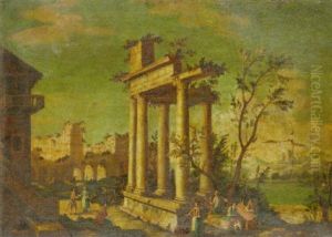 An Architectural Capriccio With Grand Tourists Among Ruins by Leonardo Coccorante