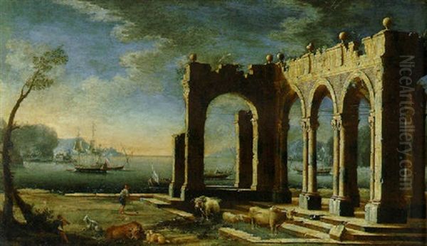 A Capriccio Of Architectural Ruins With A Dutch Frigate And Other Shipping In A Bay Beyond - view 1