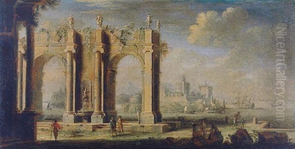 Figures Amongst Classical Ruins, A Port Beyond - view 1