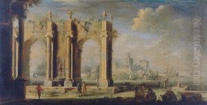 Figures Amongst Classical Ruins, A Port Beyond by Leonardo Coccorante