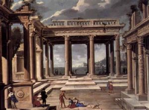 An Architectural Capriccio With Figures, A View Of Harbour In The Distance by Leonardo Coccorante