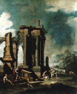 A Mediterranean Coastline With Peasants Conversing Among Classical Ruins by Leonardo Coccorante