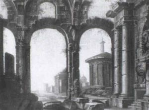 A Capriccio Of Classical Ruins With Peasants by Leonardo Coccorante
