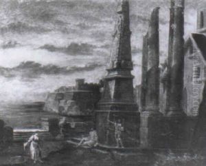 A Capriccio Of Classical Ruins With Peasants by Leonardo Coccorante
