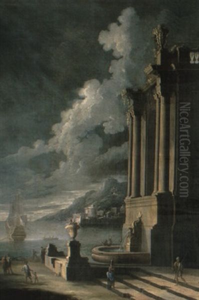 A Capriccio Of A Mediterranean Harbour With Figures Near A Classical Ruin - view 1