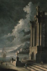 A Capriccio Of A Mediterranean Harbour With Figures Near A Classical Ruin by Leonardo Coccorante