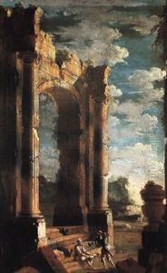 Archittetura In Rovina Con Figure by Leonardo Coccorante
