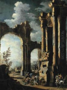 Soldiers Attacking A Woman Amongst Classical Ruins