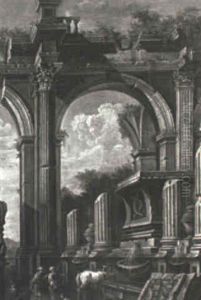 Figures Amidst Classical Ruins by Leonardo Coccorante