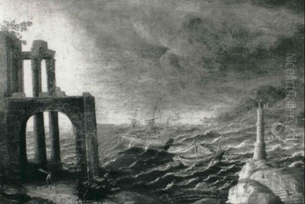 A Mediterranean Coastline With A Classical Ruin With        Shipping In A Storm - view 1
