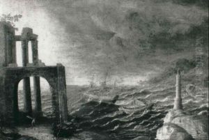 A Mediterranean Coastline With A Classical Ruin With        Shipping In A Storm by Leonardo Coccorante