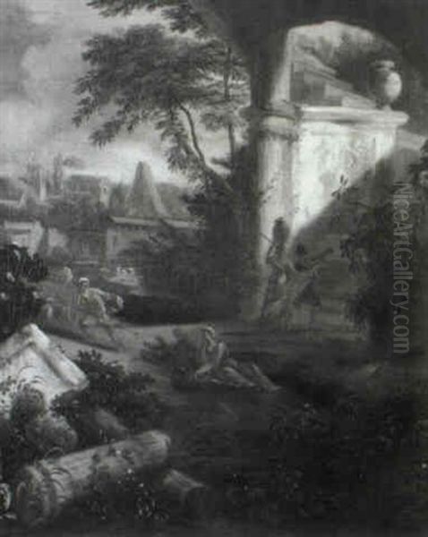 Bergers Et Leurs Tropeaux Dans Des Ruines - view 1