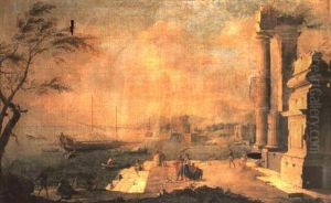 A Cappriccio Of A Harbour With Elegant Figures On A Quayside Before Classical Ruins by Leonardo Coccorante
