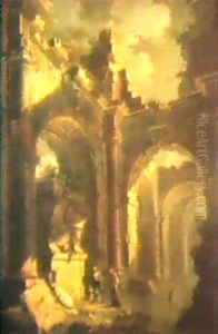(2) Beggars Standing In The Ruins Of An Arcaded Building...  Elegant Figures Walking Through A Barrel...