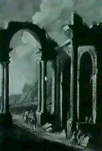Figures Amongst Classical Ruins Before A Lake - view 1