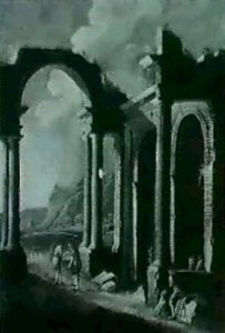Figures Amongst Classical Ruins Before A Lake by Leonardo Coccorante