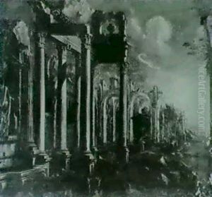 A Capriccio View Of Classical Ruins. by Leonardo Coccorante