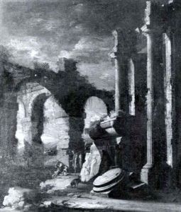 Figures Amidst Classical Ruins by Leonardo Coccorante