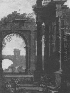 An Architectural Capriccio Of Ruins With Figures And        Putti by Leonardo Coccorante
