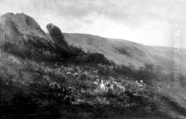 A Cloudy Day: Sheperdess Anf Flocks In A Mountain Pasture - view 1