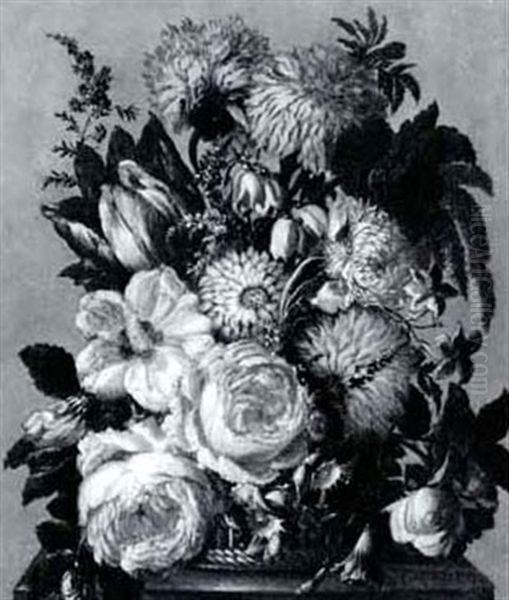 Still Life Of Roses, Hibiscus,morning Glory, Hyacinth And   Other Flowers In A Basket On A Ledge - view 1
