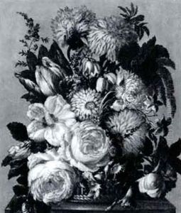 Still Life Of Roses, Hibiscus,morning Glory, Hyacinth And Other Flowers In A Basket On A Ledge by Christian Coclers