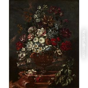 Still Life Of Mixed Flowers In An Urn, Landscape Beyond