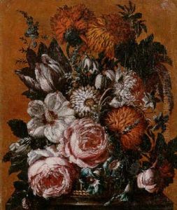Still Life Of Roses, Chrysanthemums, Tulips, Morning Glory, Narcissi And Other Flowers In A Wicker Basket On A Stone Plinth by Jean George Christian Coclers