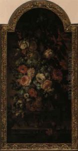 Still Life Of Flowers In An Elaborate Urn On A Stone Ledge by Jean George Christian Coclers