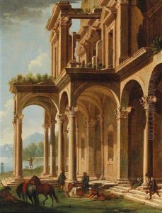 Figures By A Ruined Palace Portico by Niccolo Codazzi