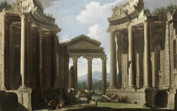 An Architectural Capriccio With Figures And A Horse Beside A Campfire - view 1