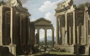 An Architectural Capriccio With Figures And A Horse Beside A Campfire by Niccolo Codazzi