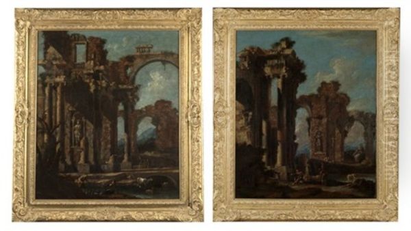 Architectural Capriccio With Figures In Ruins (pair) - view 1