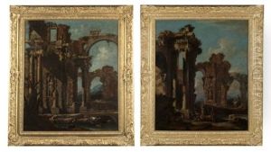 Architectural Capriccio With Figures In Ruins (pair) by Niccolo Codazzi