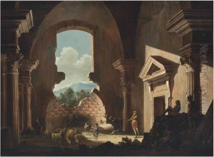 Shepherds And Their Flock, Soldiers And A Draughtsman Inside Ancient Ruins by Niccolo Codazzi