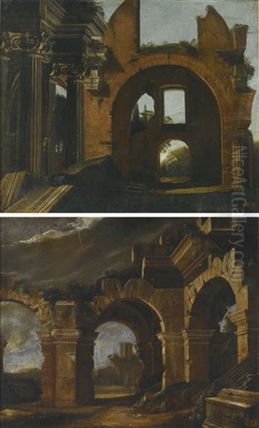 An Architectural Capriccio Of Ruined Arches In An Italianate Landscape, A Tower Beyond; And An Architectural Capriccio With An Ionic Portico And A Ruined Basilica Beyond - view 1