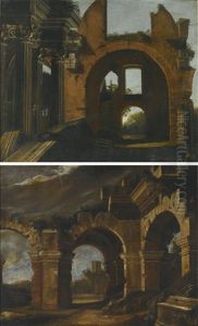 An Architectural Capriccio Of Ruined Arches In An Italianate Landscape, A Tower Beyond; And An Architectural Capriccio With An Ionic Portico And A Ruined Basilica Beyond by Niccolo Codazzi