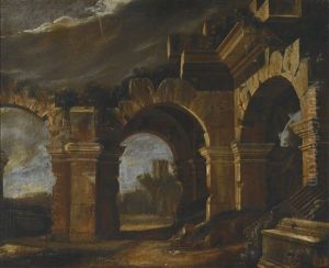 An Architectural Capriccio Of Ruined Arches In An Italianate Landscape, A Tower Beyond; And An Architectural Capriccio With An Ionic Portico And A Ruined Basilica Beyond by Niccolo Codazzi