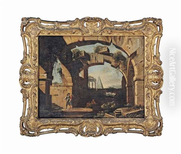 An Architectural Capriccio With Figures Beneath A Ruined Arch - view 1