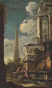 A Capriccio Of Classical Ruins With Philosophers Conversing by Niccolo Codazzi