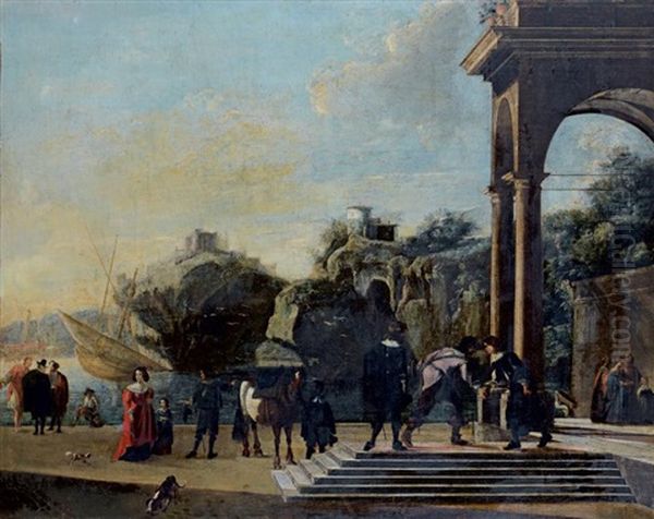 Portique D'un Palais Classique Sur Un Rivage Rocheux Anime De Nombreux Personnages - view 1