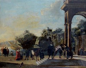 Portique D'un Palais Classique Sur Un Rivage Rocheux Anime De Nombreux Personnages