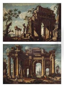 A Capriccio Of A Classical Ruin With Figures (+ A Capriccio With Figures Admiring A Sculpture Near A Classical Arch; Pair) by Niccolo Codazzi