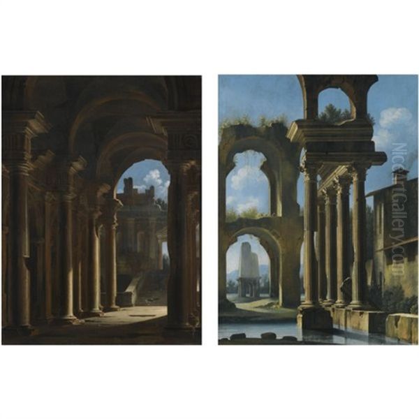A Capriccio Of The Inside Of A Temple With Ruins Beyond (+ A Lacustrine Landscape With Classical Ruins; Pair) - view 1