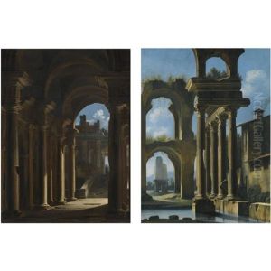 A Capriccio Of The Inside Of A Temple With Ruins Beyond (+ A Lacustrine Landscape With Classical Ruins; Pair) by Niccolo Codazzi