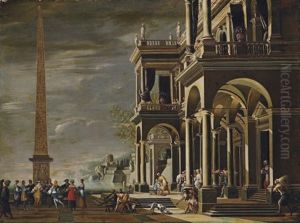 A Capriccio Of A Classical Palazzo On A Coast With Elegant Company Dancing By An Obelisk