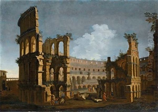 Veduta Del Colosseo Con Astanti Che Misurano Sculture - view 1